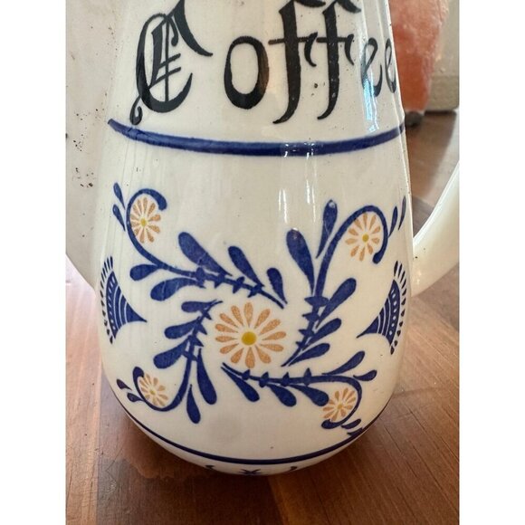 Vintage Ceramic Coffee Pitcher – Blue Floral Design, 10” Tall - Picture 3 of 12